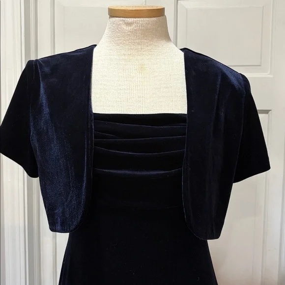 Vintage navy blue velvet sleeveless maxi dress with jacket size 6 - Picture 2 of 12